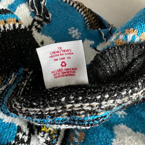 Holiday Time Sweater Womens 1X Christmas Polar Bear Black Blue Fair Isle - Picture 4 of 9